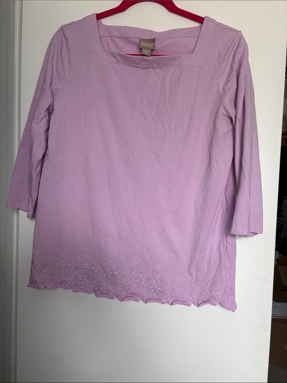Chico's Lavender Embroidered-Hem Square Neck Long Sleeve Top